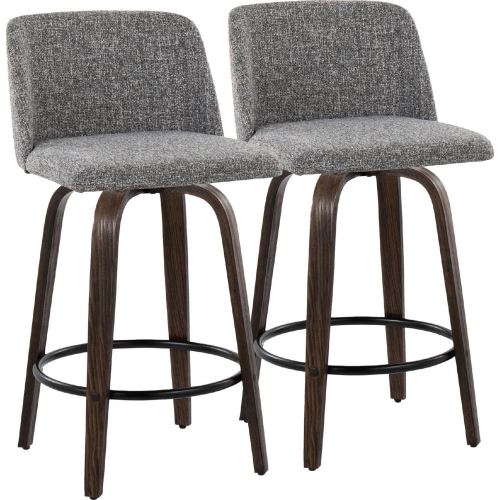 Toriano 26" Swivel Counter Stool in Walnut Glazed Wood & Grey Noise Fabric (Set of 2)